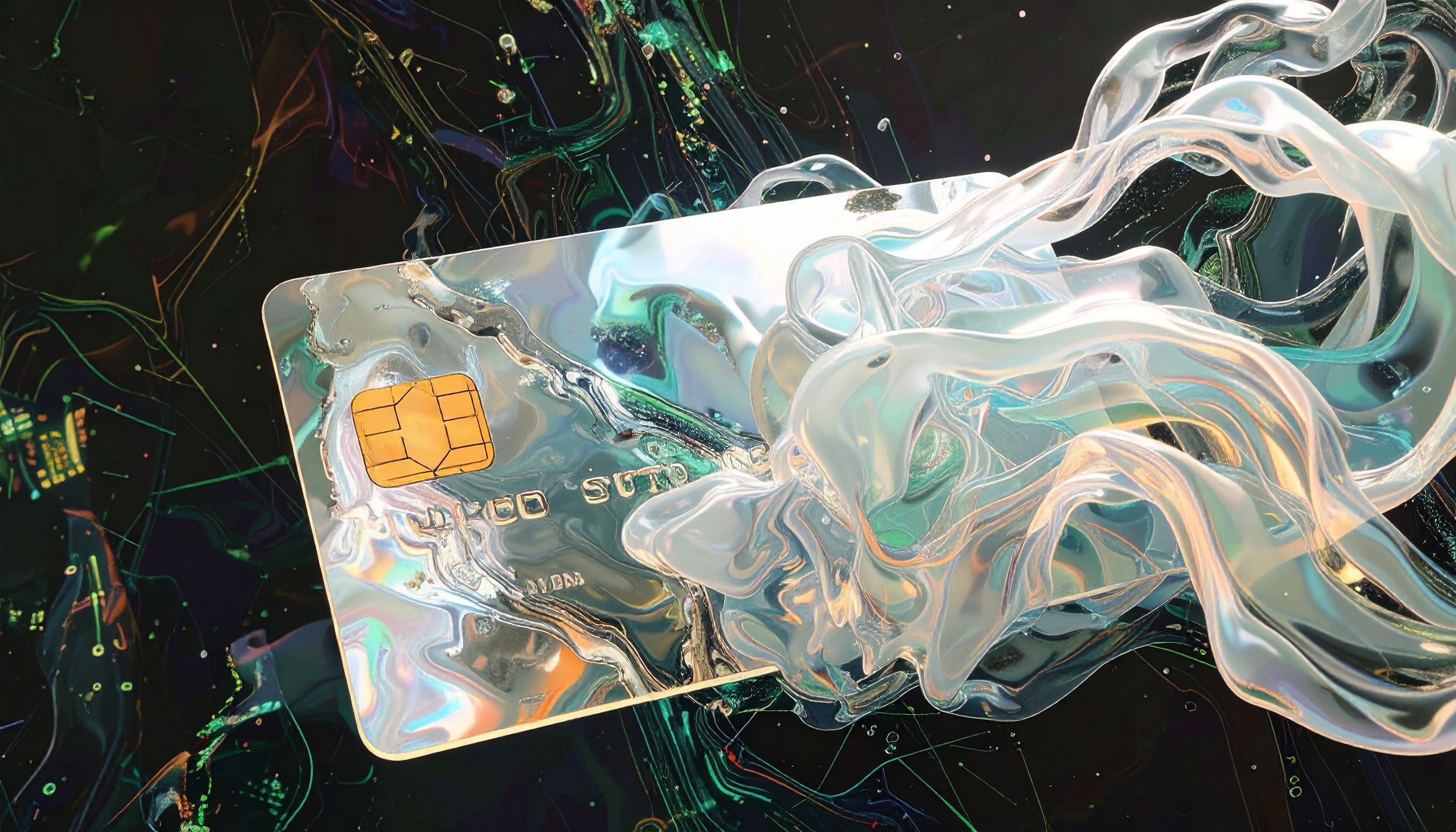 Firefly_widescreen surreal abstract digital artwork featuring a glass Credit Card, material t 320413